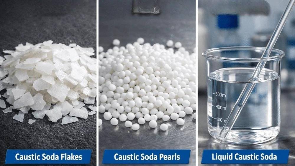 Industrial-Grade Caustic Soda Pearls (99%) for Chemical Manufacturing Plants 5 Comparison of caustic soda flakes, pearls, and liquid forms.