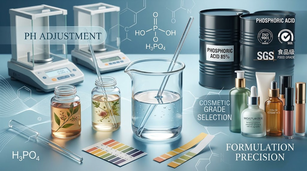 A formulation lab setup showing active cosmetic pH testing with contrasting industrial bulk supply drums and finished personal care products.