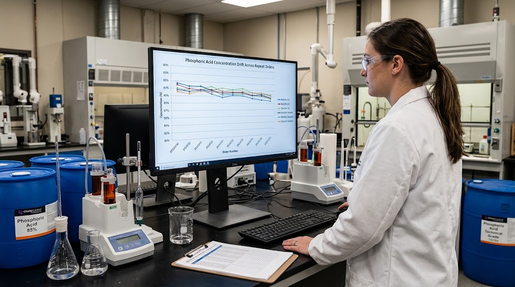 A lab technician reviewing phosphoric acid concentration trend charts on a computer screen next to chemical drums and testing equipment.