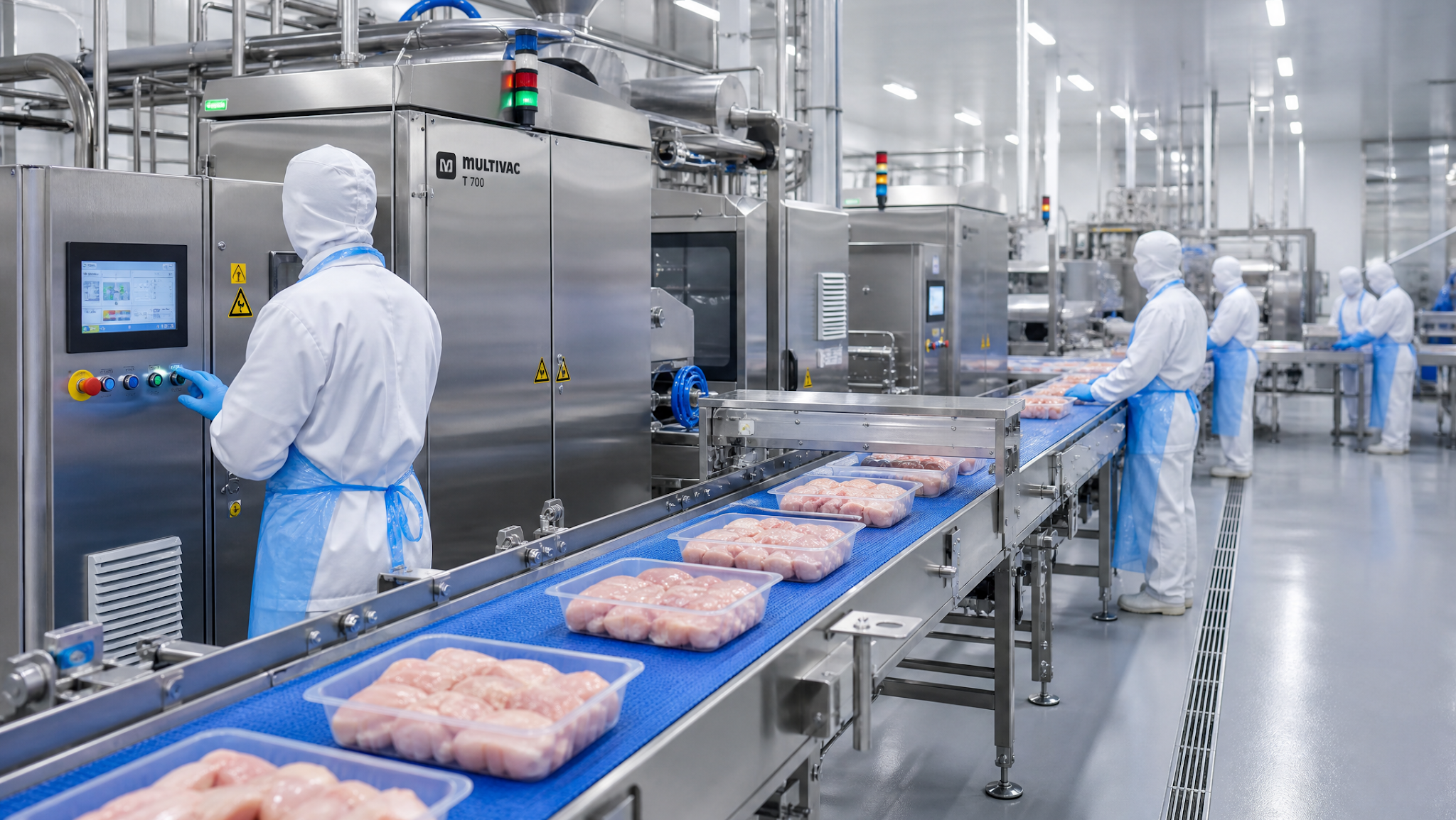 A modern food processing line with faceless workers in hygienic uniforms overseeing the packaging of food products.