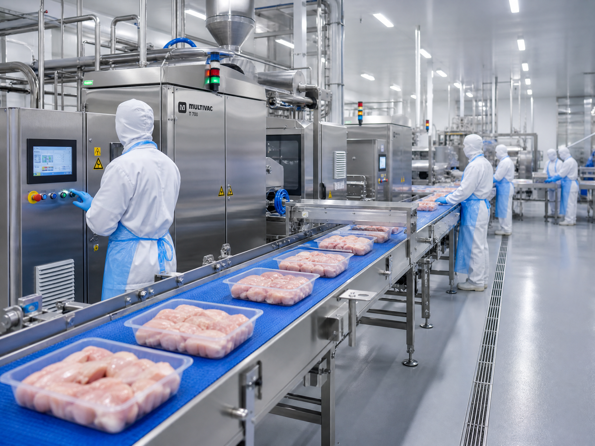 Phosphoric Acid in Food Industry and Food Additives 4 A modern food processing line with faceless workers in hygienic uniforms overseeing the packaging of food products.