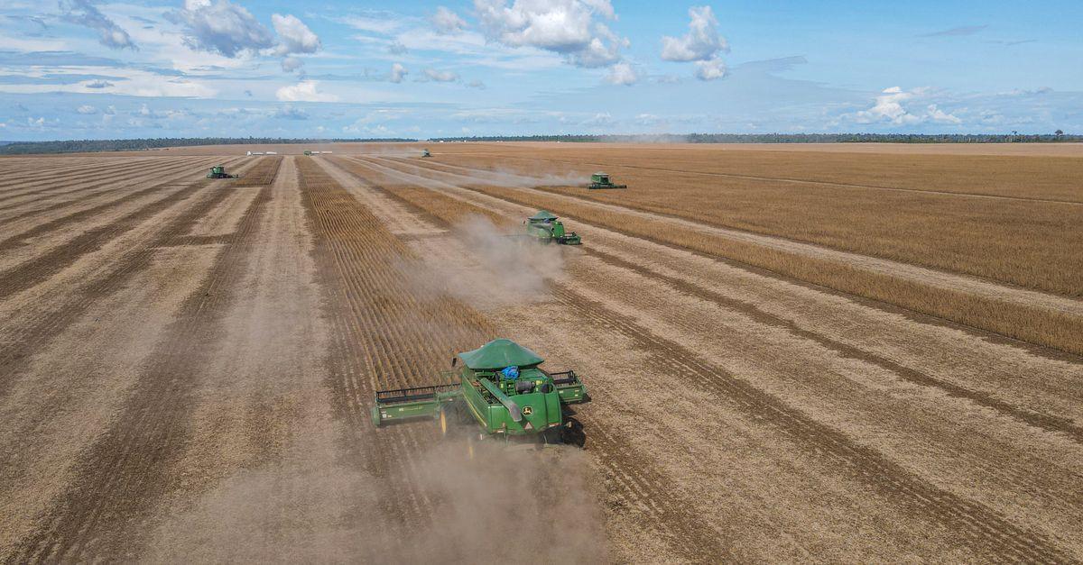 Aerial soybean harvest in Brazil showing the scale of agricultural production
