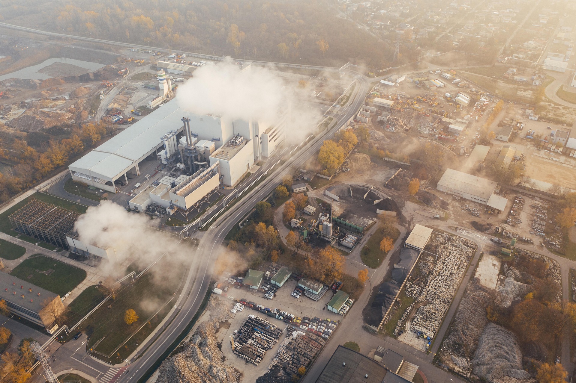 Aerial view of a large-scale chemical processing plant and industrial manufacturing complex producing phosphoric acid.