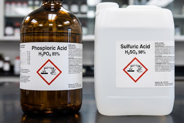 Phosphoric Acid vs. Sulfuric Acid: Which to Choose? 5 Amber glass bottle of Phosphoric Acid (85%) and white plastic jug of Sulfuric Acid (98%) with GHS corrosion hazard labels on a laboratory desk.