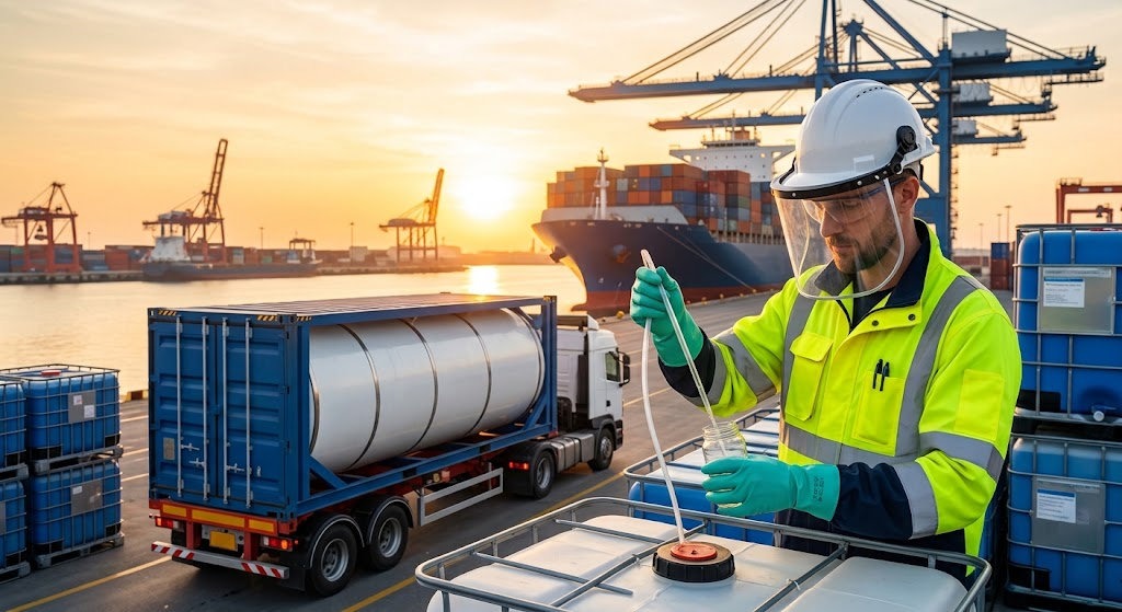An inspector sampling a bulk phosphoric acid tank container at a shipping terminal.