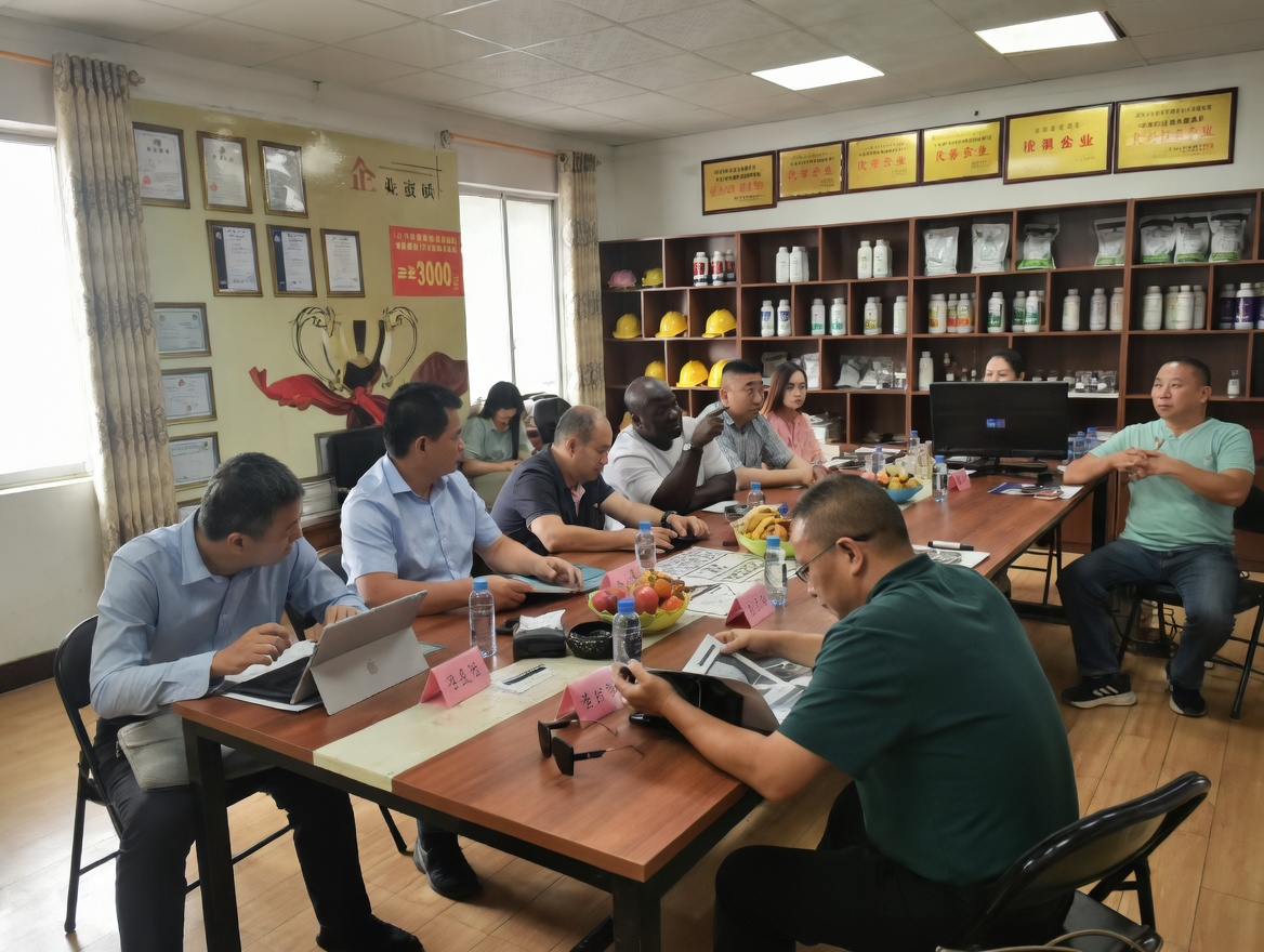 Phosphoric Acid vs. Sulfuric Acid: Which to Choose? 23 Business meeting at Camal Group featuring executives and international clients seated around a conference table surrounded by product displays and corporate awards