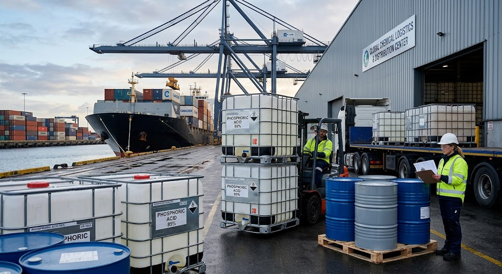 Chemical logistics at a port showing 85% phosphoric acid IBC totes, blue drums, a forklift, and a cargo ship.