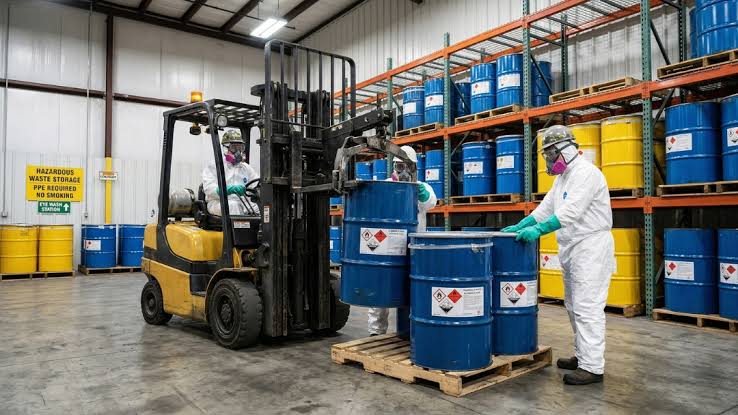 Chemical warehouse workers in full hazmat PPE using a forklift attachment to maneuver and palletize blue drums of phosphoric acid