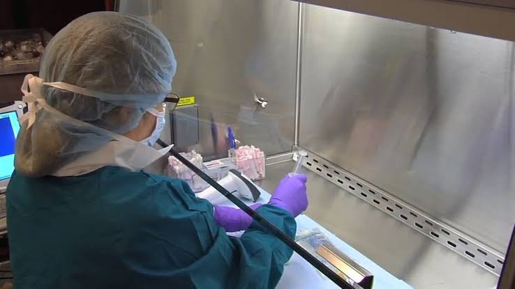 Chemist or lab technician working inside a laminar flow hood handling liquid chemical solutions with a syringe