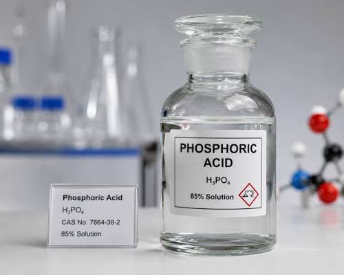 Clear glass reagent bottle labeled Phosphoric Acid H3PO4 85% Solution alongside a product label display and molecular model in a chemistry laboratory setup