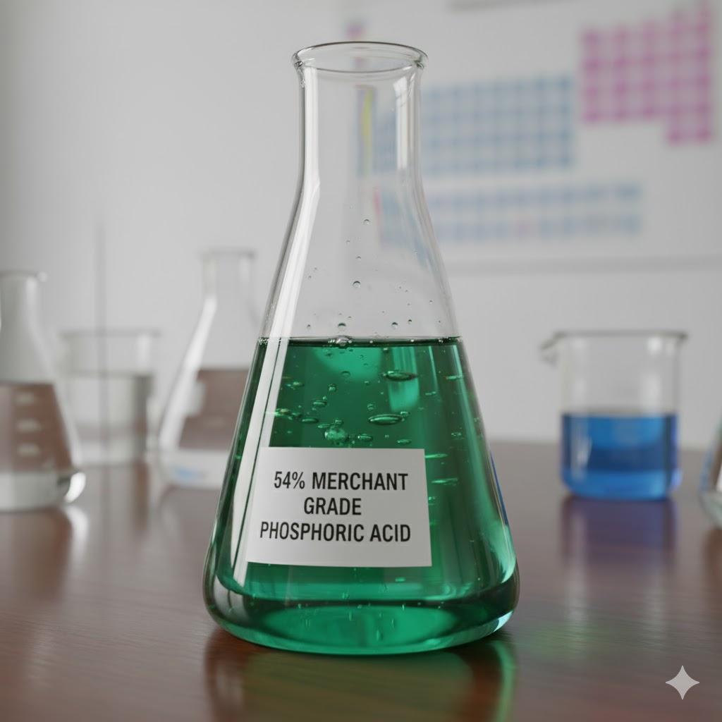 Fiole Erlenmeyer en verre étiquetée 54 % Merchant Grade Phosphoric Acid contenant un liquide verdâtre dans un laboratoire de chimie