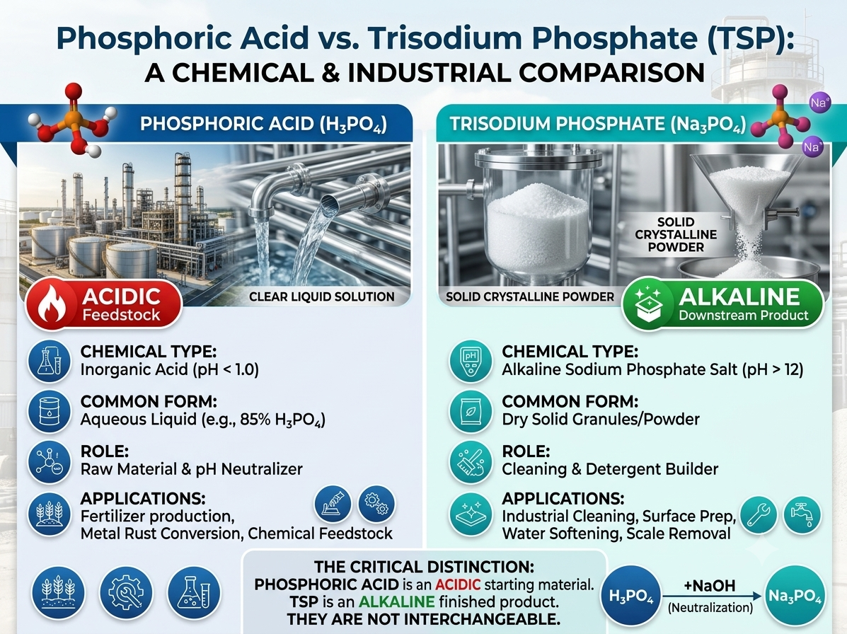 Infographic comparing phosphoric acid and trisodium phosphate (TSP), highlighting chemical formulas, pH levels, physical forms, primary industrial uses, and neutralization chemistry
