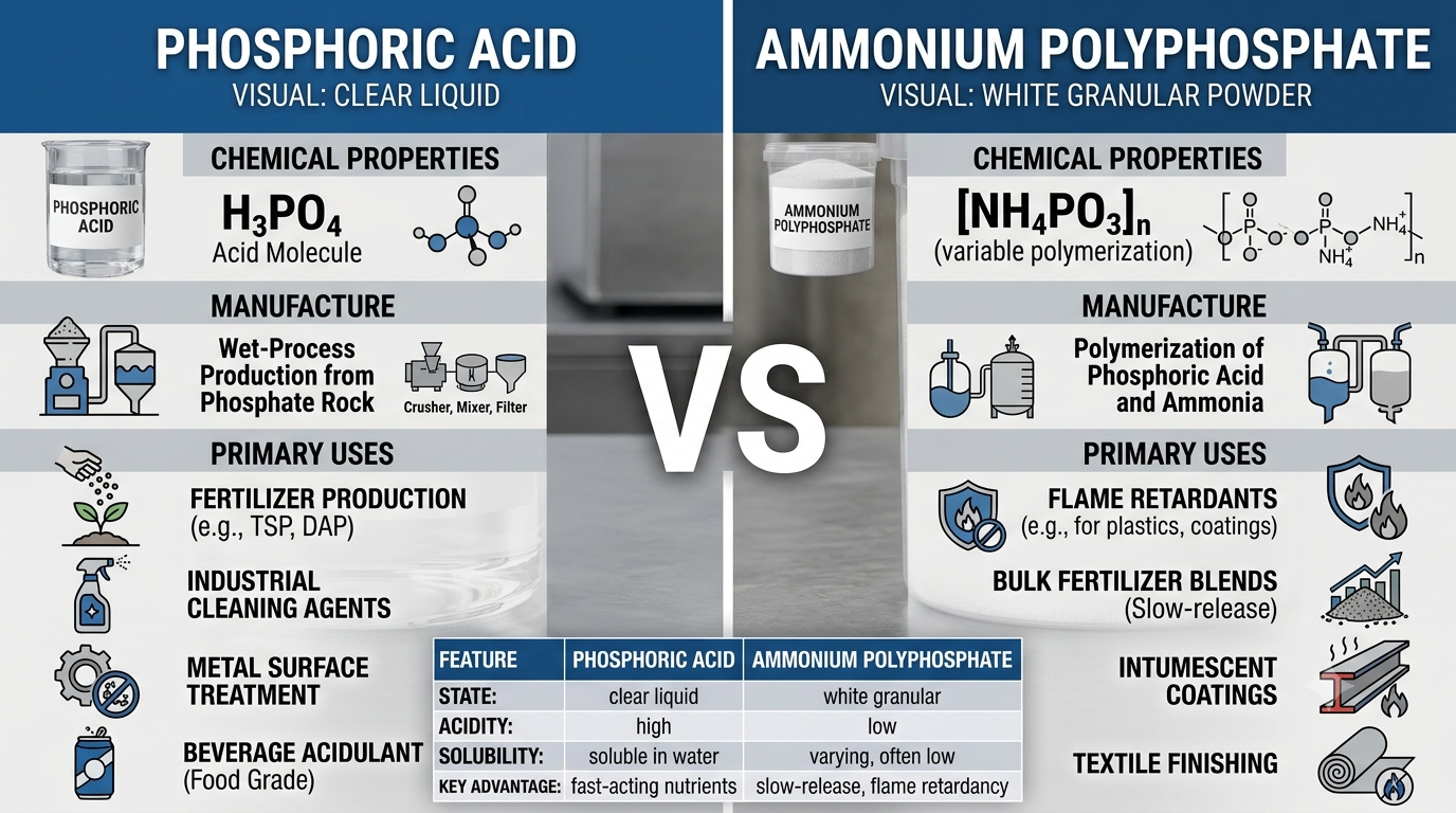 Infographic side-by-side comparison matrix showing chemical formulas, manufacturing processes, primary applications, and key physical feature differences for Phosphoric Acid and Ammonium Polyphosphate