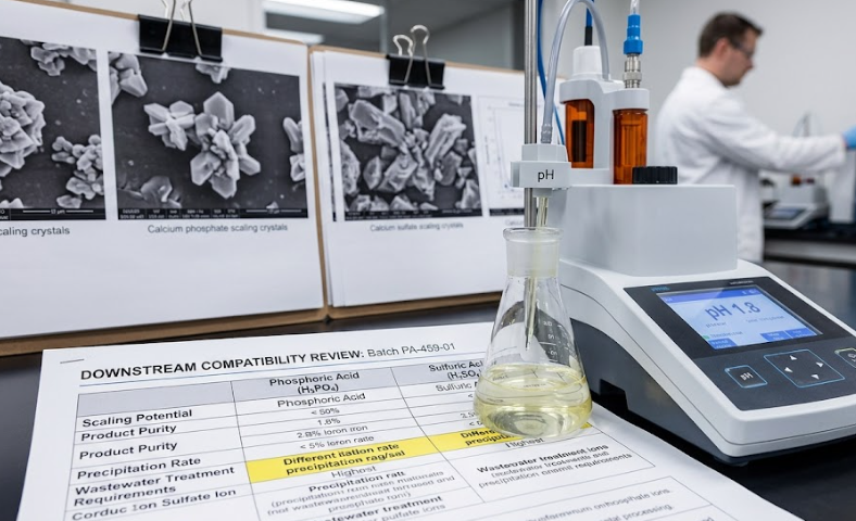 Phosphoric Acid vs. Sulfuric Acid: Which to Choose? 1 Lab comparison of calcium phosphate and calcium sulfate scaling crystals alongside a downstream compatibility review of phosphoric acid versus sulfuric acid