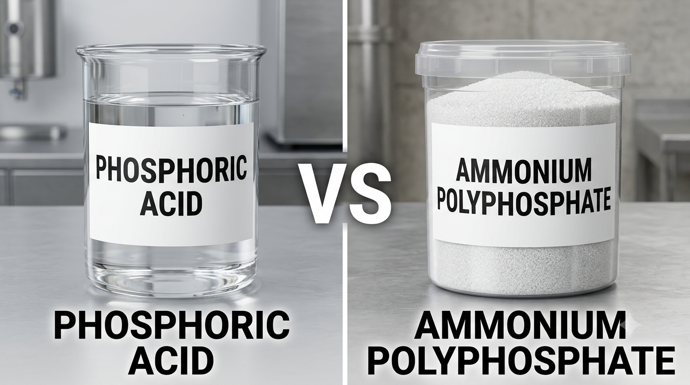 Side-by-side comparison image showing a clear glass beaker labeled Phosphoric Acid on the left next to a clear container of white powder labeled Ammonium Polyphosphate on the right