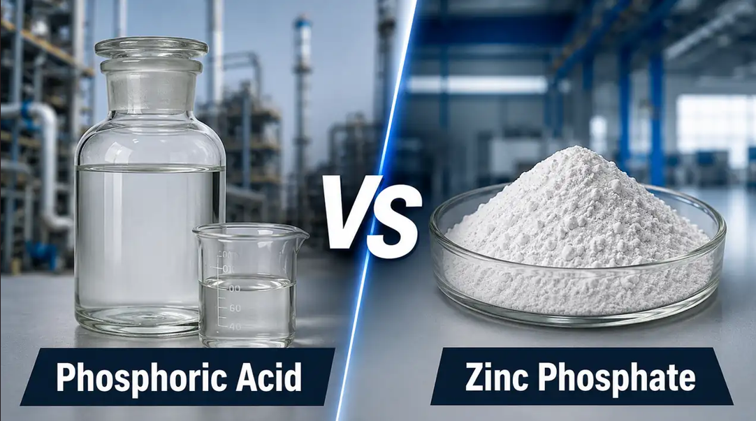 Side-by-side comparison of clear Phosphoric Acid crystals and fine white Zinc Phosphate powder in petri dishes
