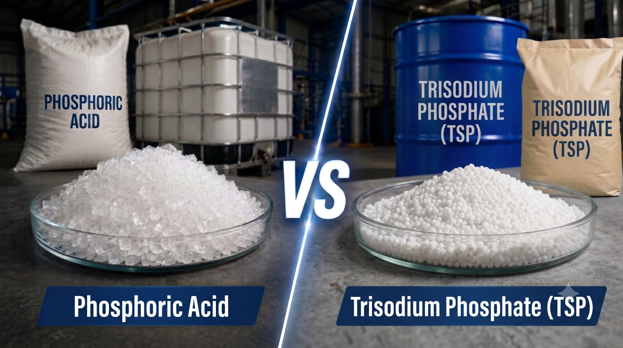Side-by-side comparison of clear Phosphoric Acid crystals and white Trisodium Phosphate (TSP) granules in petri dishes