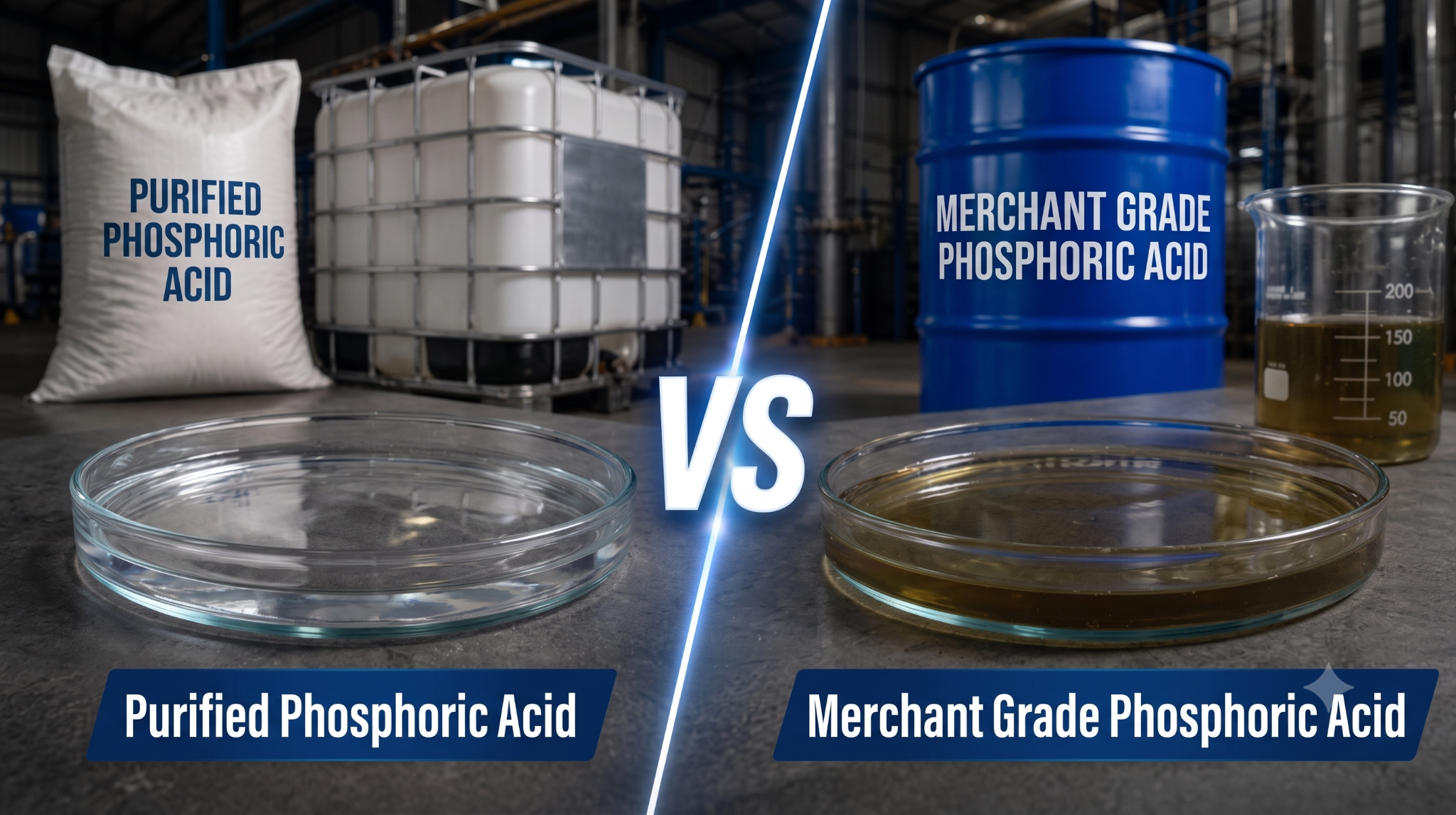 Side-by-side comparison of clear Purified Phosphoric Acid and dark brown Merchant Grade Phosphoric Acid in petri dishes