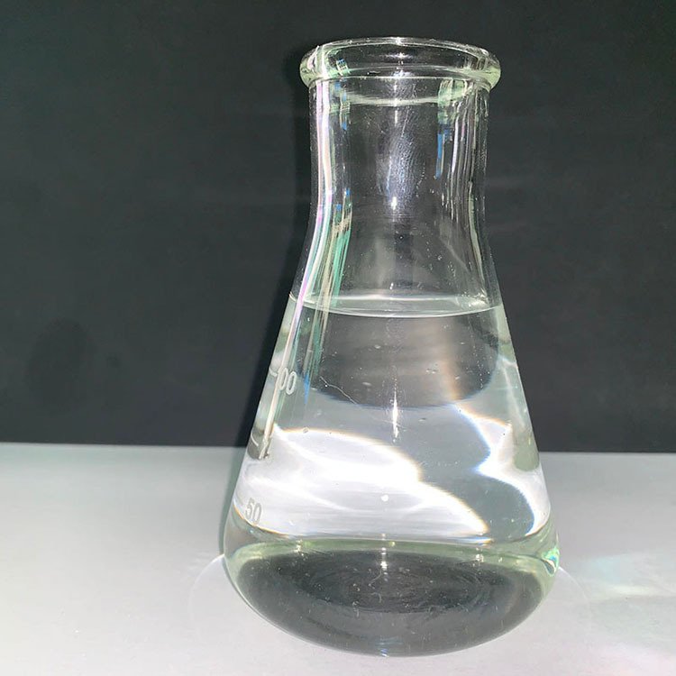 Glass Erlenmeyer flask containing clear viscous phosphoric acid solution on white background