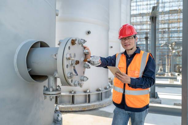 A professional Asian male chemical engineer in a safety helmet and vest inspecting industrial production equipment at a modern chemical manufacturing plant
