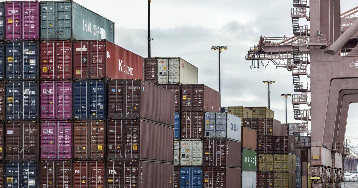 A wide view of a modern shipping port with numerous containers, representing global trade infrastructure.
