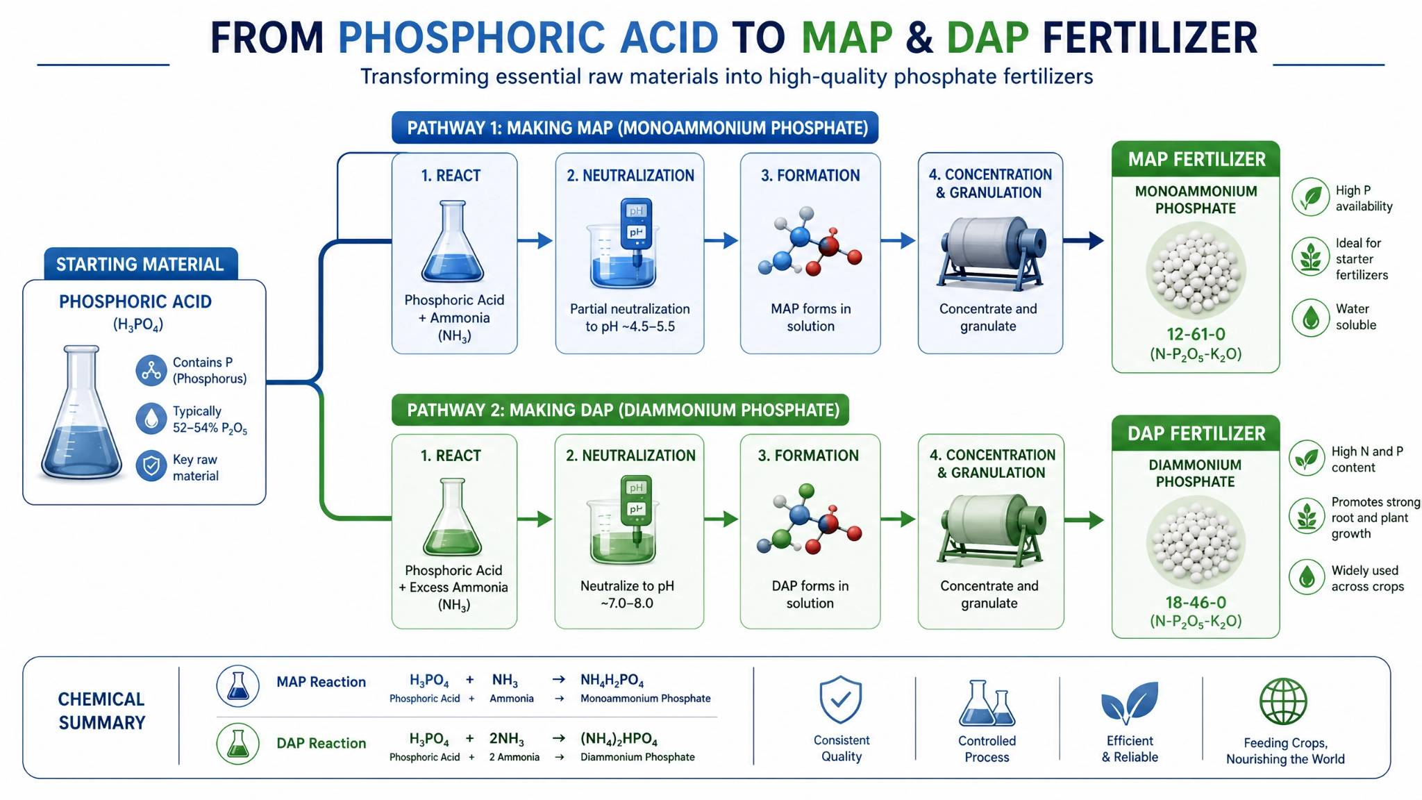 A professional infographic showing the chemical process of converting phosphoric acid into MAP and DAP fertilizer, detailing each production step.