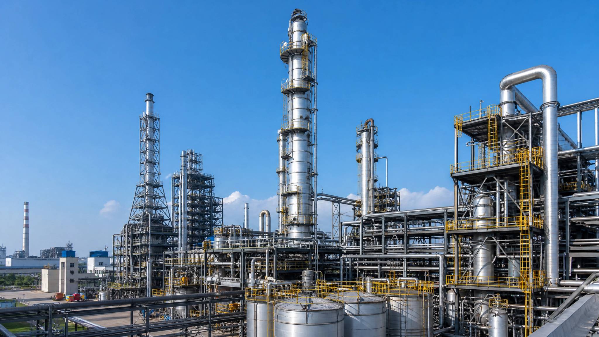 A wide shot of a modern, large-scale phosphoric acid production factory with tall distillation towers, representing global supply capabilities.