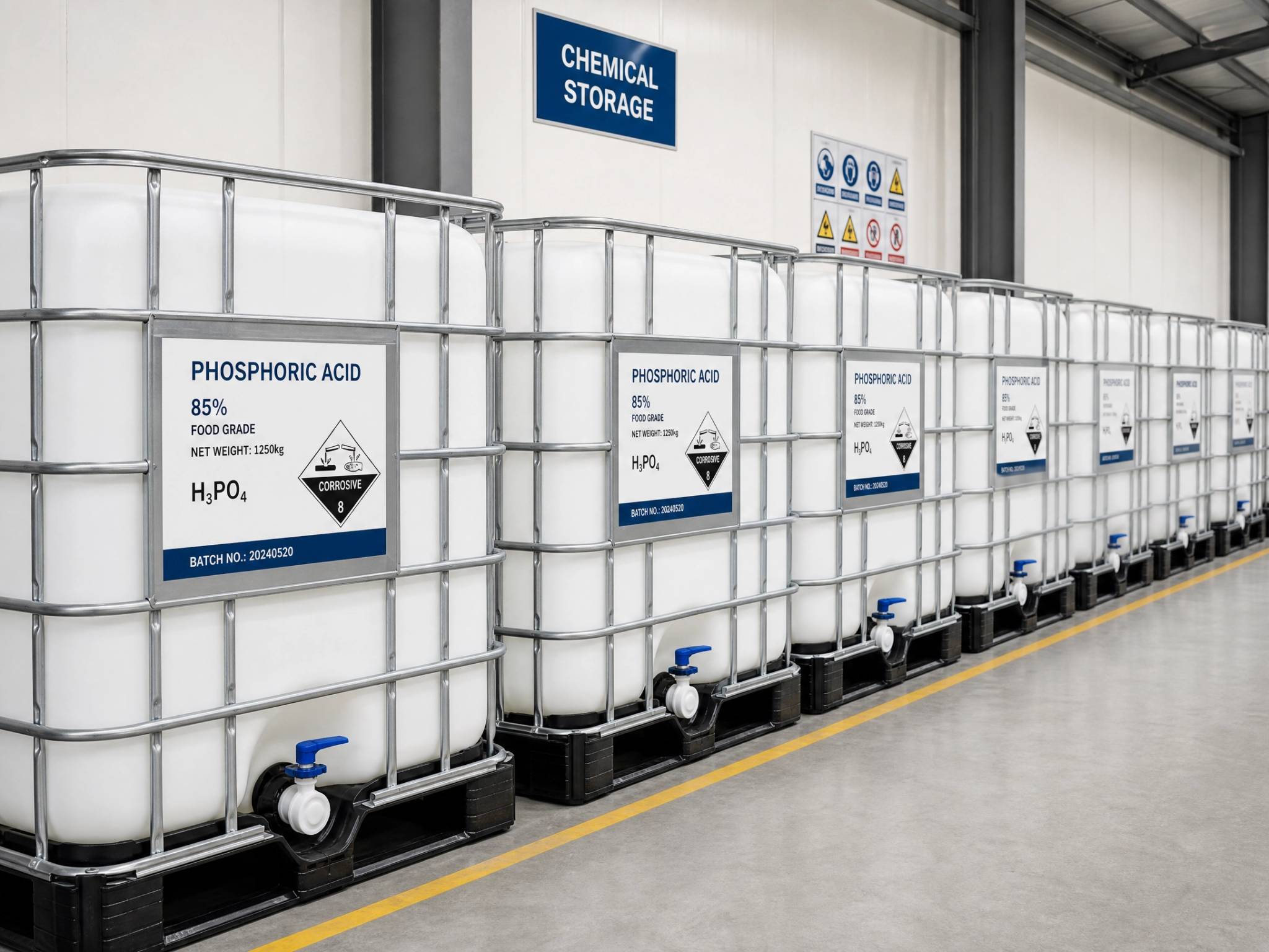  A row of clean, white 1000L IBC totes filled with clear phosphoric acid, showing secure packaging for industrial grade phosphoric acid.