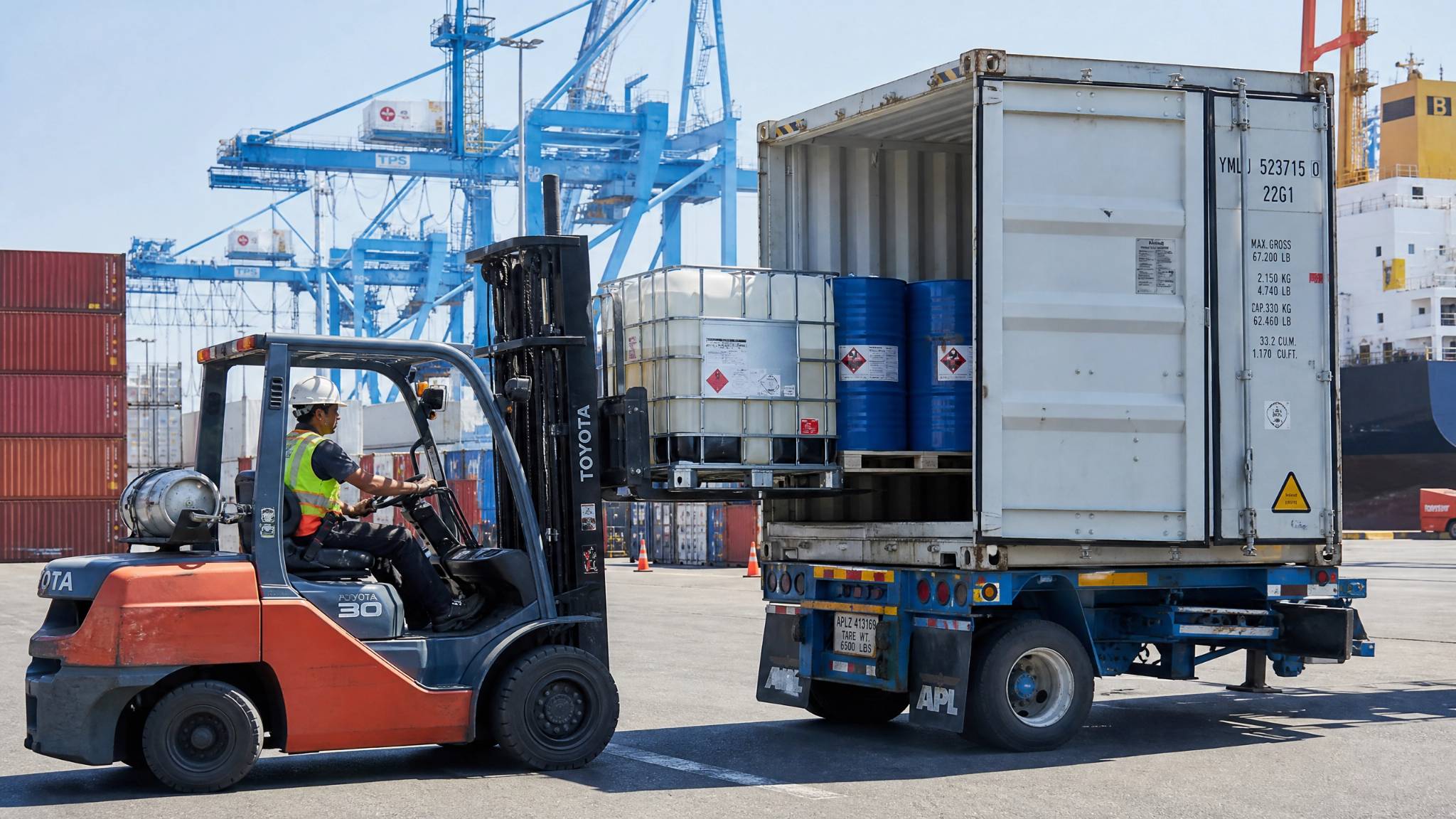 A forklift loading large drums and IBC totes of phosphoric acid into a 20ft shipping container at a busy port for global export.