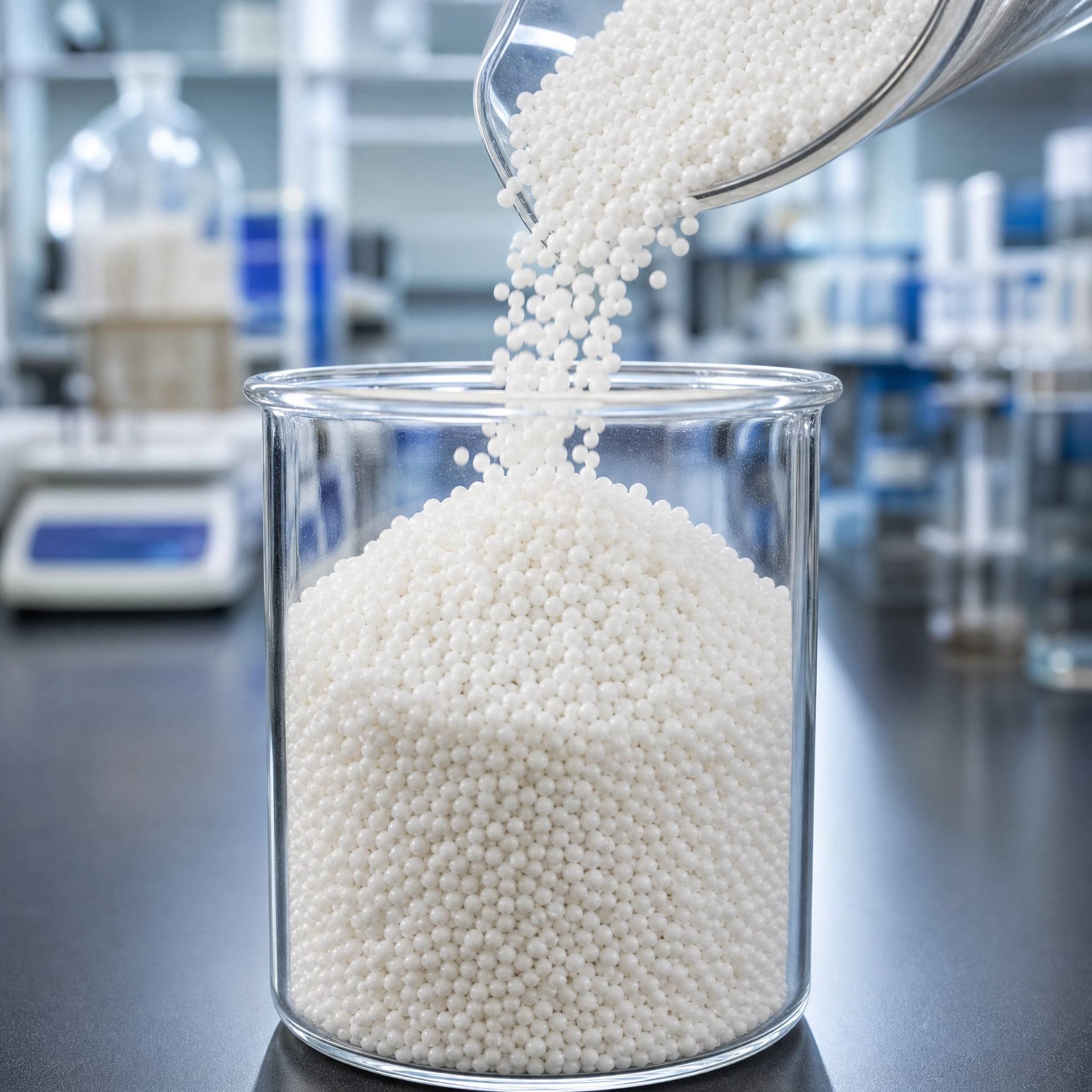 A close-up of high-quality white fertilizer granules (DAP/MAP) being poured into a glass container, highlighting the purity of phosphoric acid in fertilizer.
