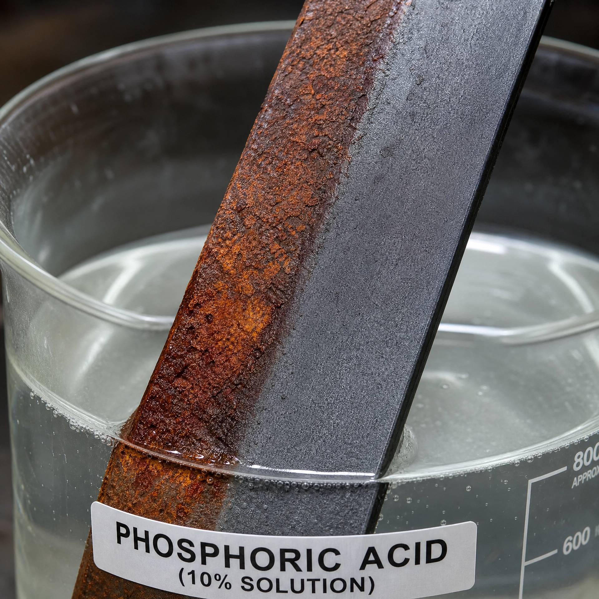 Phosphoric Acid in Metal Cleaning and Rust Removal 2 A dramatic close-up of a rusted iron bar partially dipped in a clear phosphoric acid solution, showing the dark grey phosphate layer.
