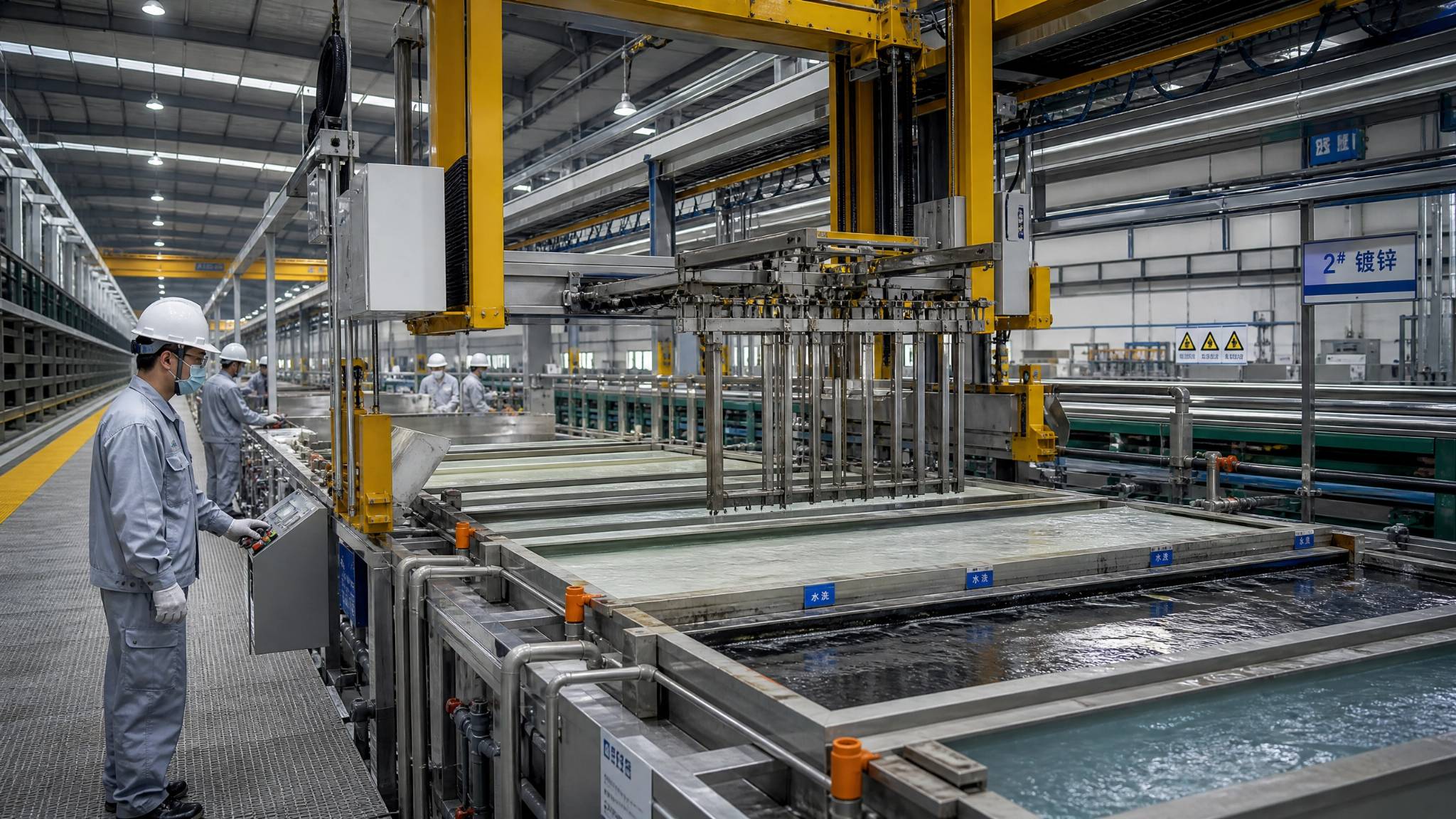 Phosphoric Acid in Metal Cleaning and Rust Removal 3 A wide shot of a large industrial metal treatment facility with automated dipping tanks and workers monitoring the process.
