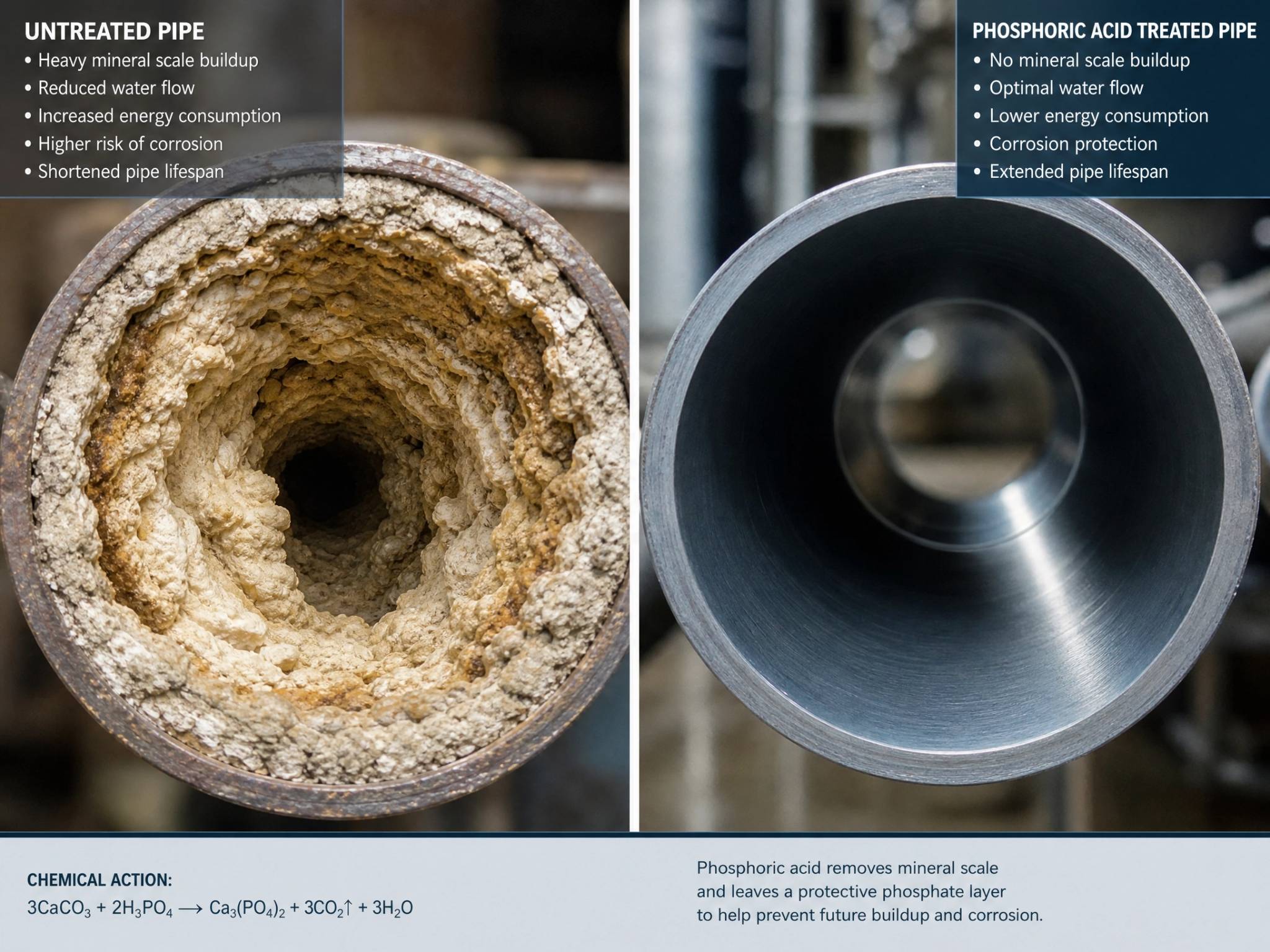 Close-up comparison showing a pipe with heavy mineral scale next to a clean pipe treated with phosphoric acid.