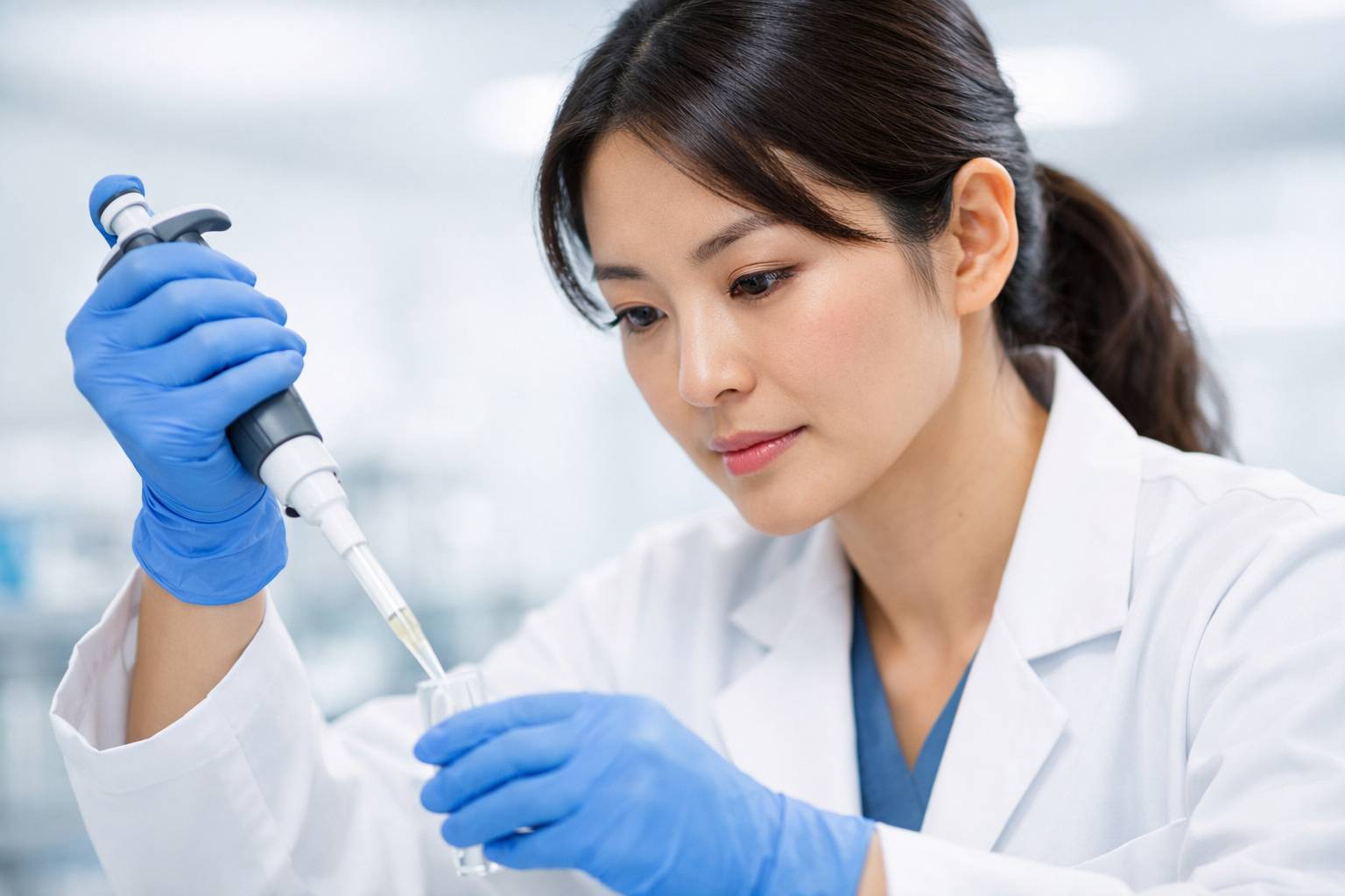 Phosphoric Acid in Food Industry and Food Additives 3 An Asian Chinese female food scientist inspecting a liquid sample in a beaker in a laboratory.
