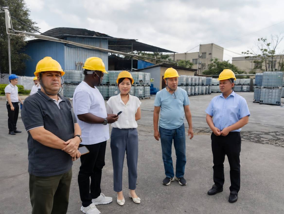 Phosphoric Acid in Food Industry and Food Additives 6 An Asian Chinese male factory manager in safety gear standing in front of large chemical storage tanks.