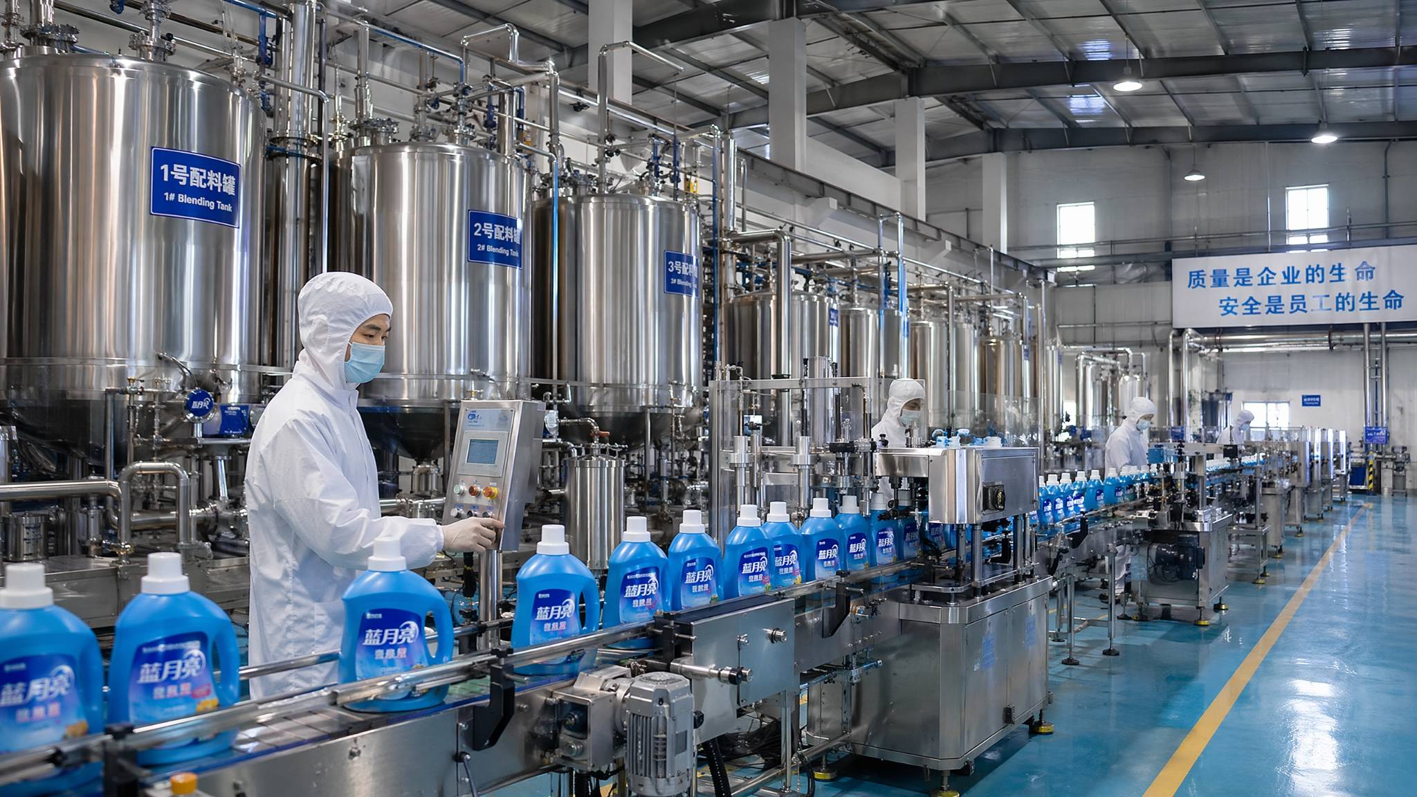 A wide shot of a modern chemical blending facility with stainless steel tanks and workers in cleanroom suits monitoring production.