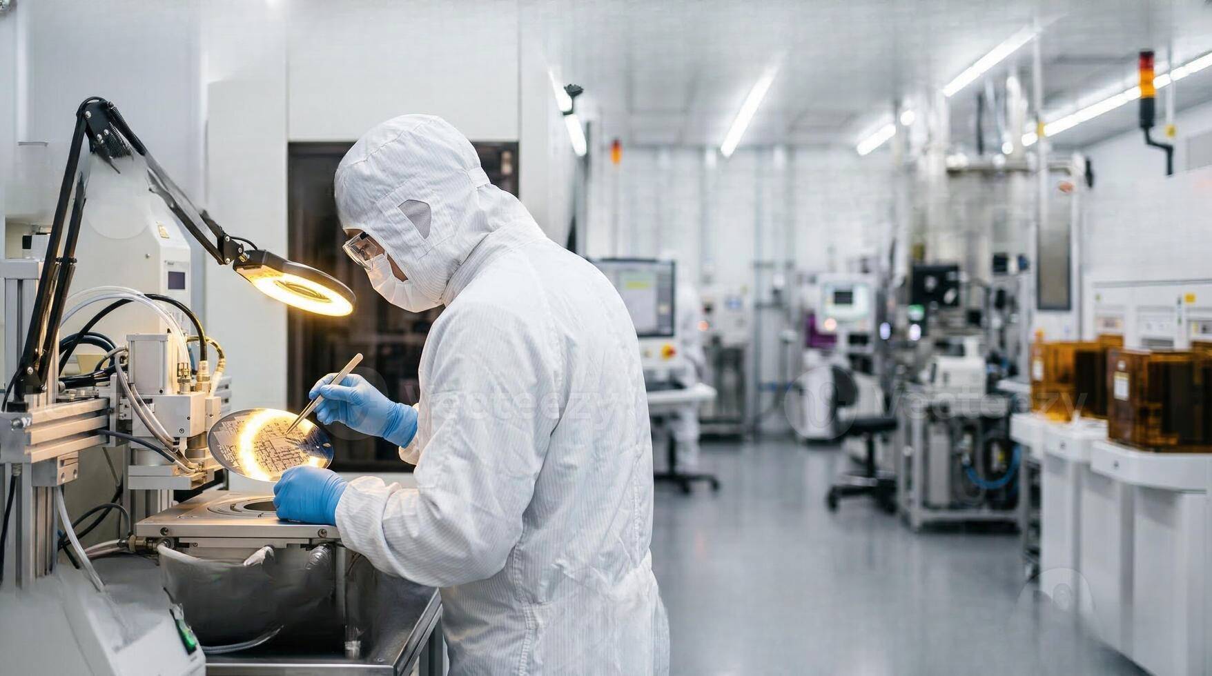 Asian Chinese engineer inspecting a silicon wafer in a cleanroom.