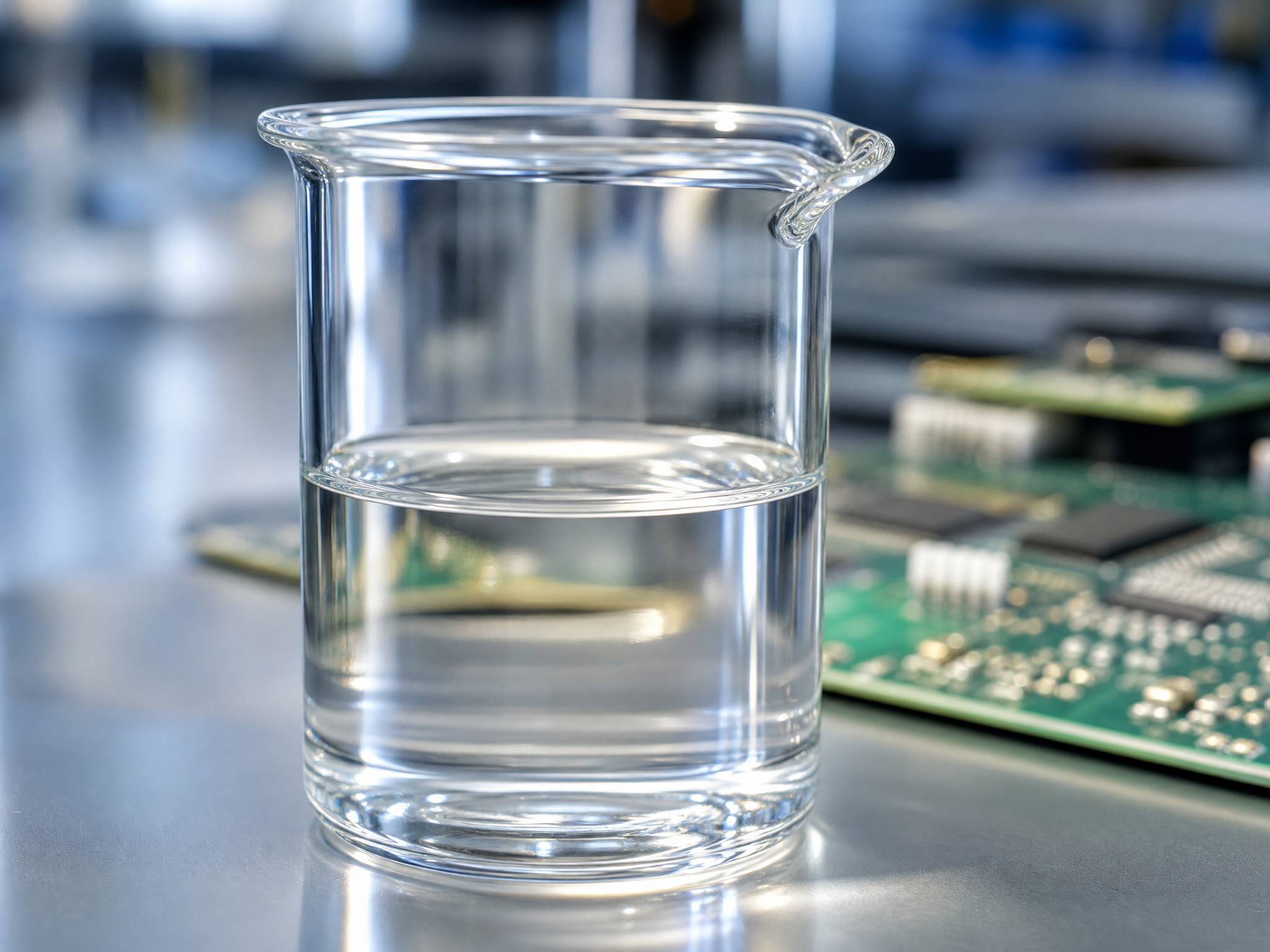 Beaker of clear, high-purity phosphoric acid with blurred electronic components in the background.