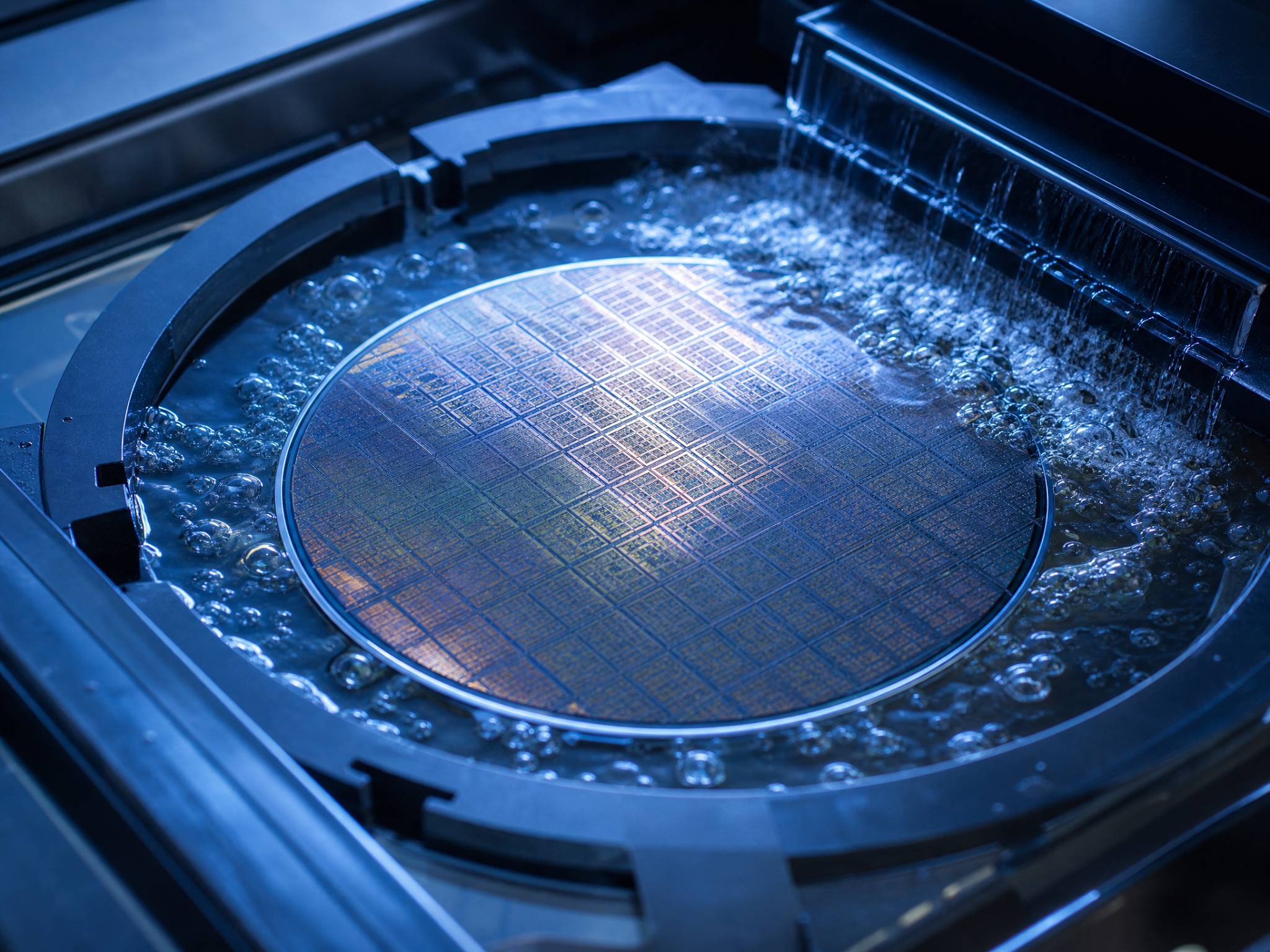 Silicon wafer undergoing an etching process in a chemical bath.