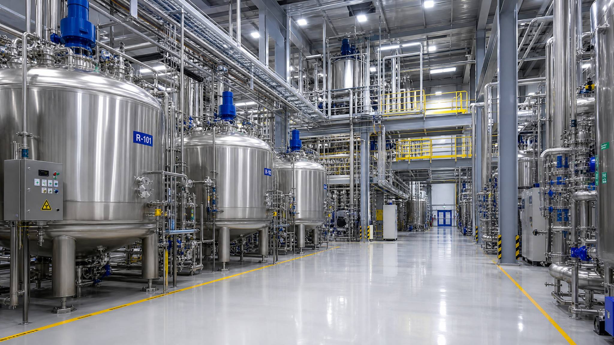 Interior of a clean, modern chemical manufacturing plant with large tanks and piping.