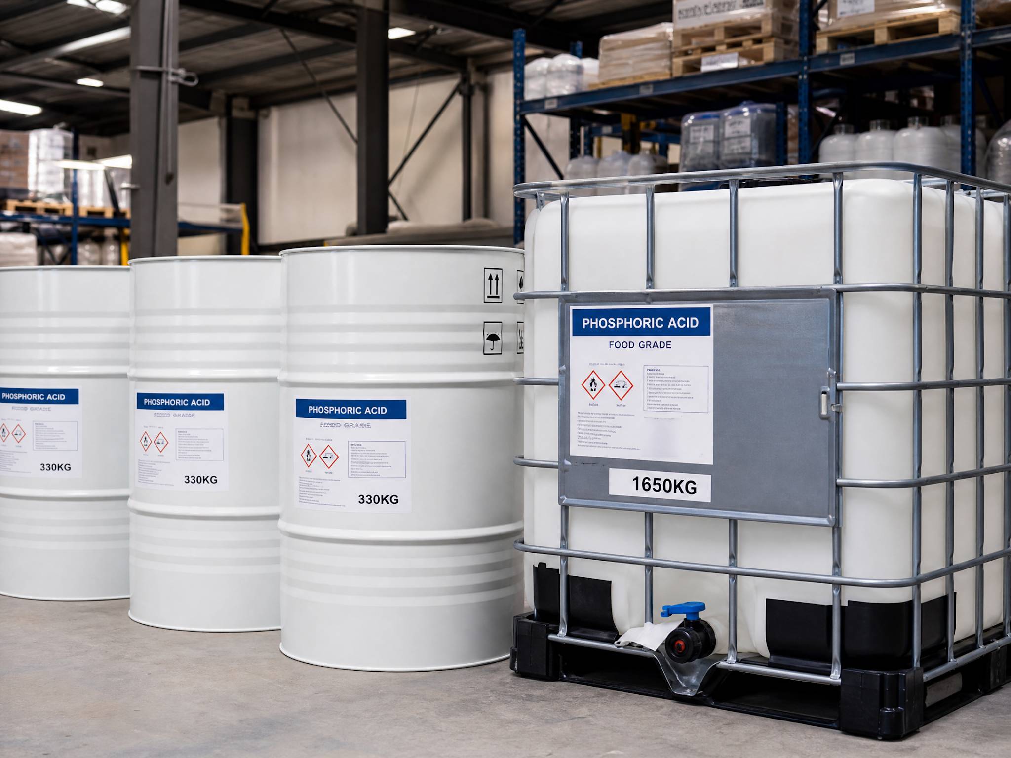 Industrial drums and an IBC tote for phosphoric acid storage in a warehouse.
