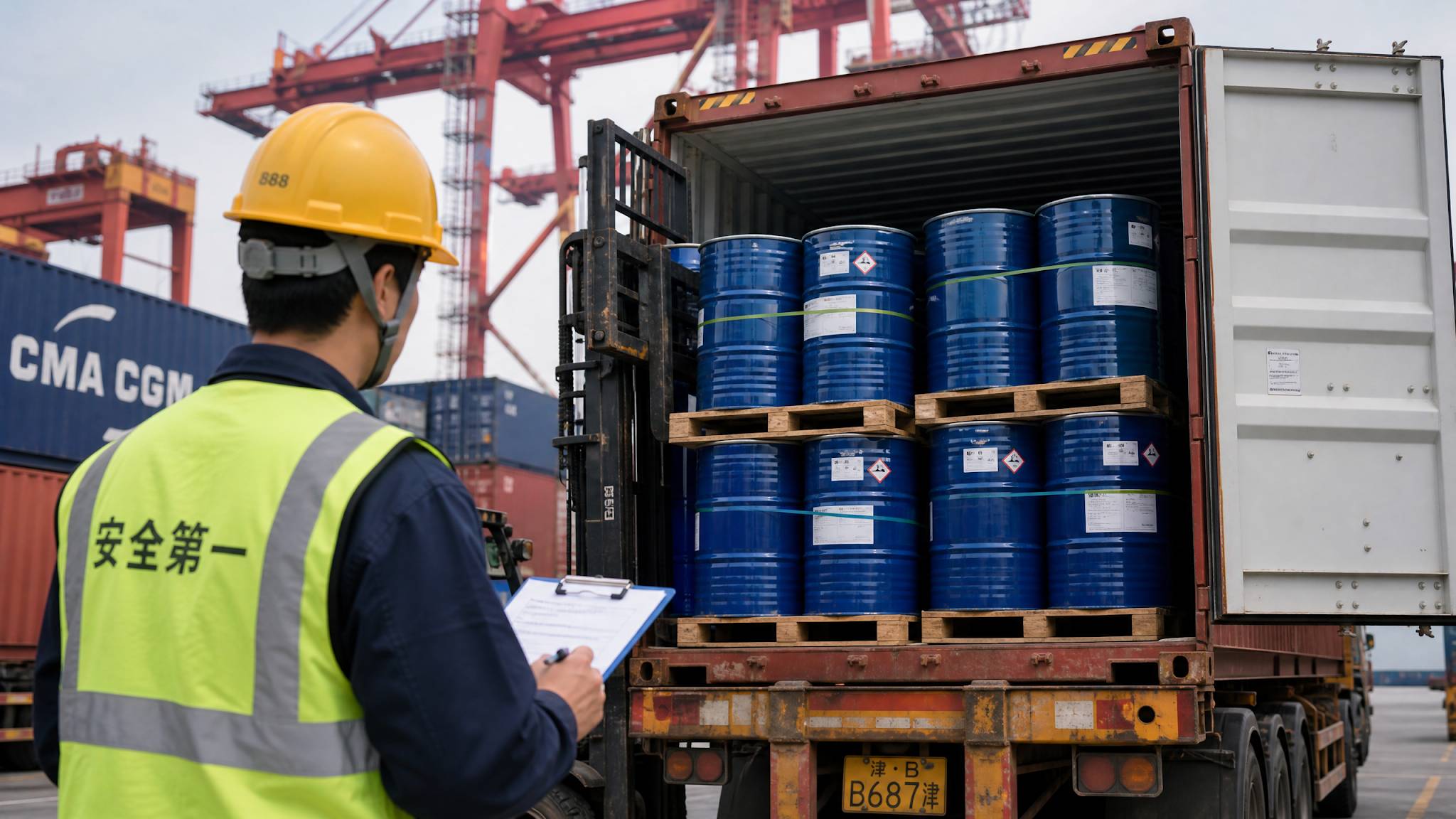 Asian Chinese worker overseeing the loading of chemical drums into a shipping container.