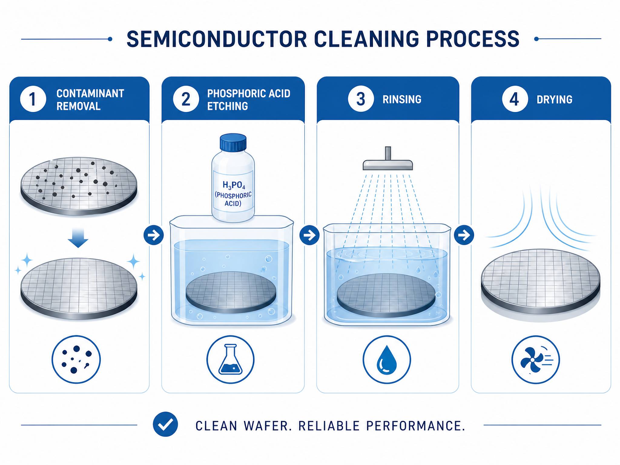 Infographic detailing the four steps of semiconductor cleaning: contaminant removal, phosphoric acid etching, rinsing, and drying.