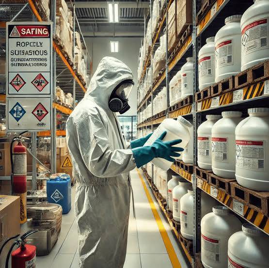 Asian Chinese safety officer smiling in an industrial warehouse with chemical drums.