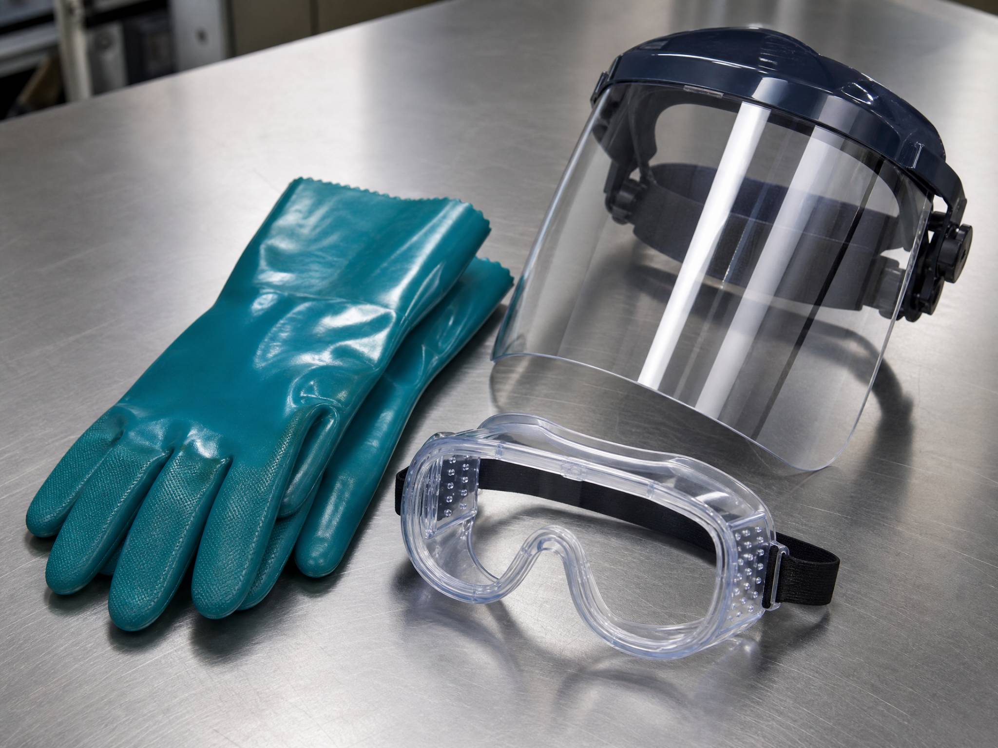 Chemical-resistant gloves, splash goggles, and a face shield laid out for use.
