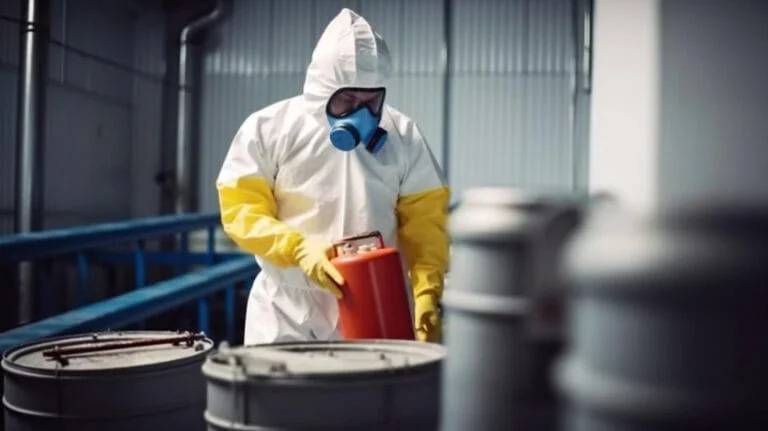 Asian Chinese worker in full chemical protective suit inspecting a chemical drum.