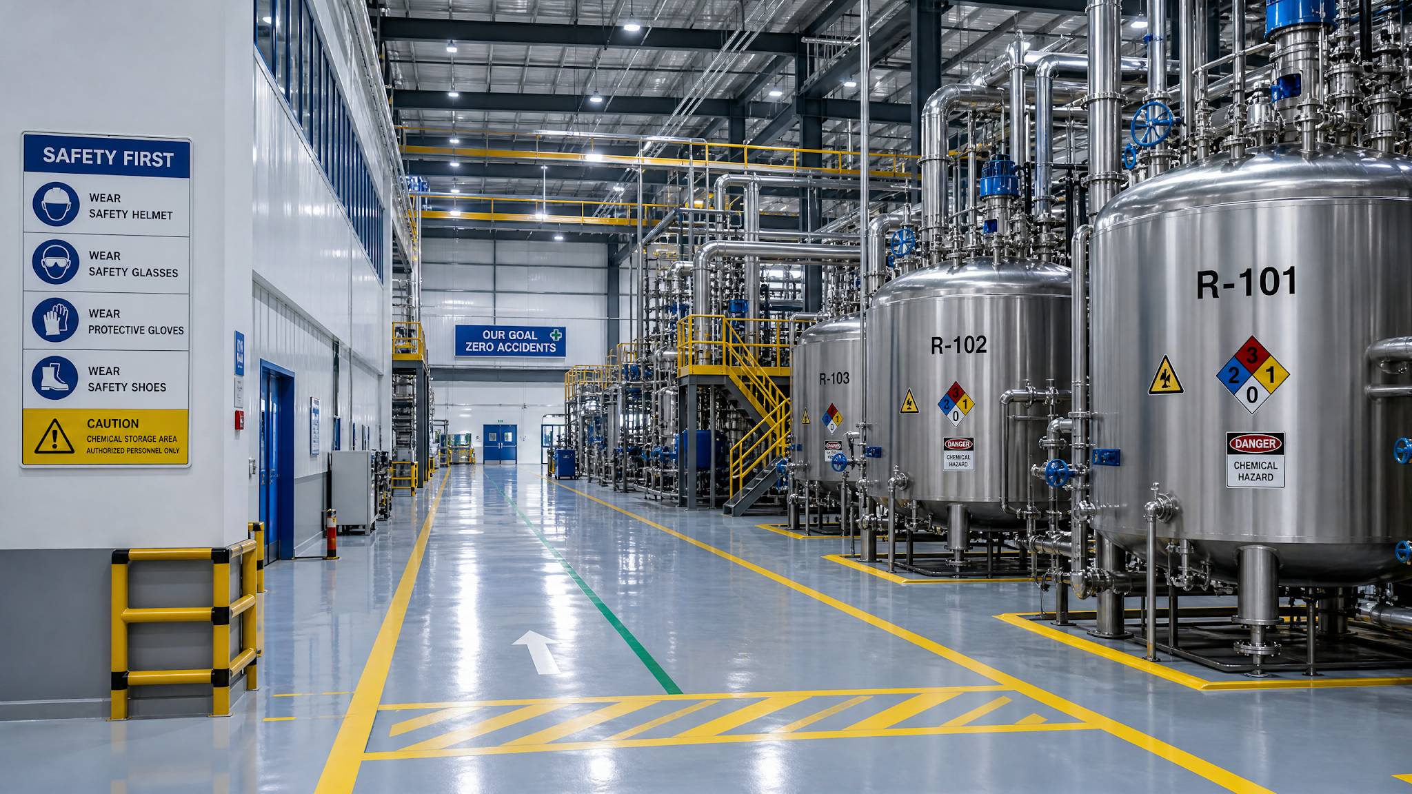 Interior of a modern chemical manufacturing plant with clear safety signs and floor markings.