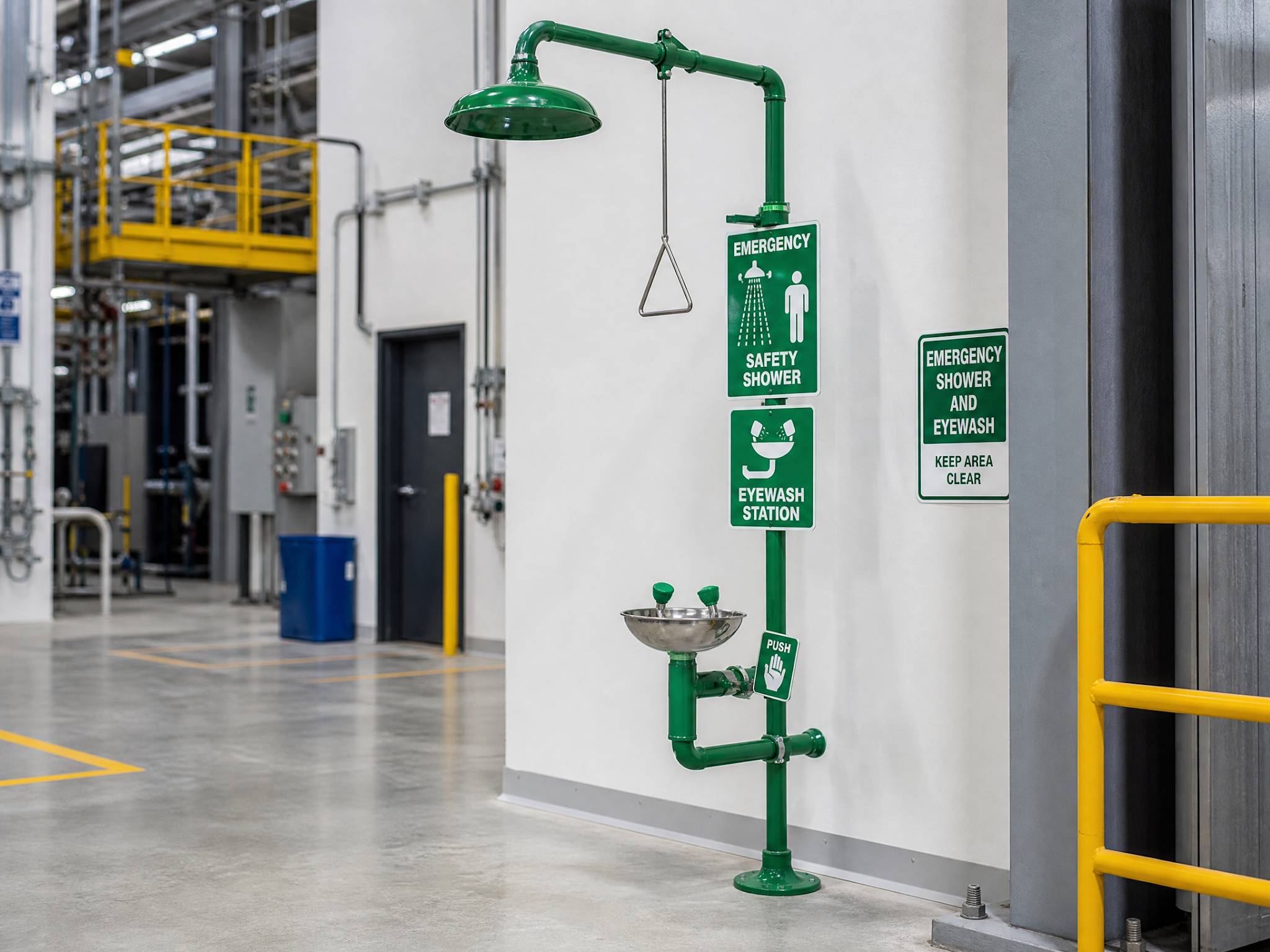 A green emergency eyewash and safety shower station in an industrial setting.