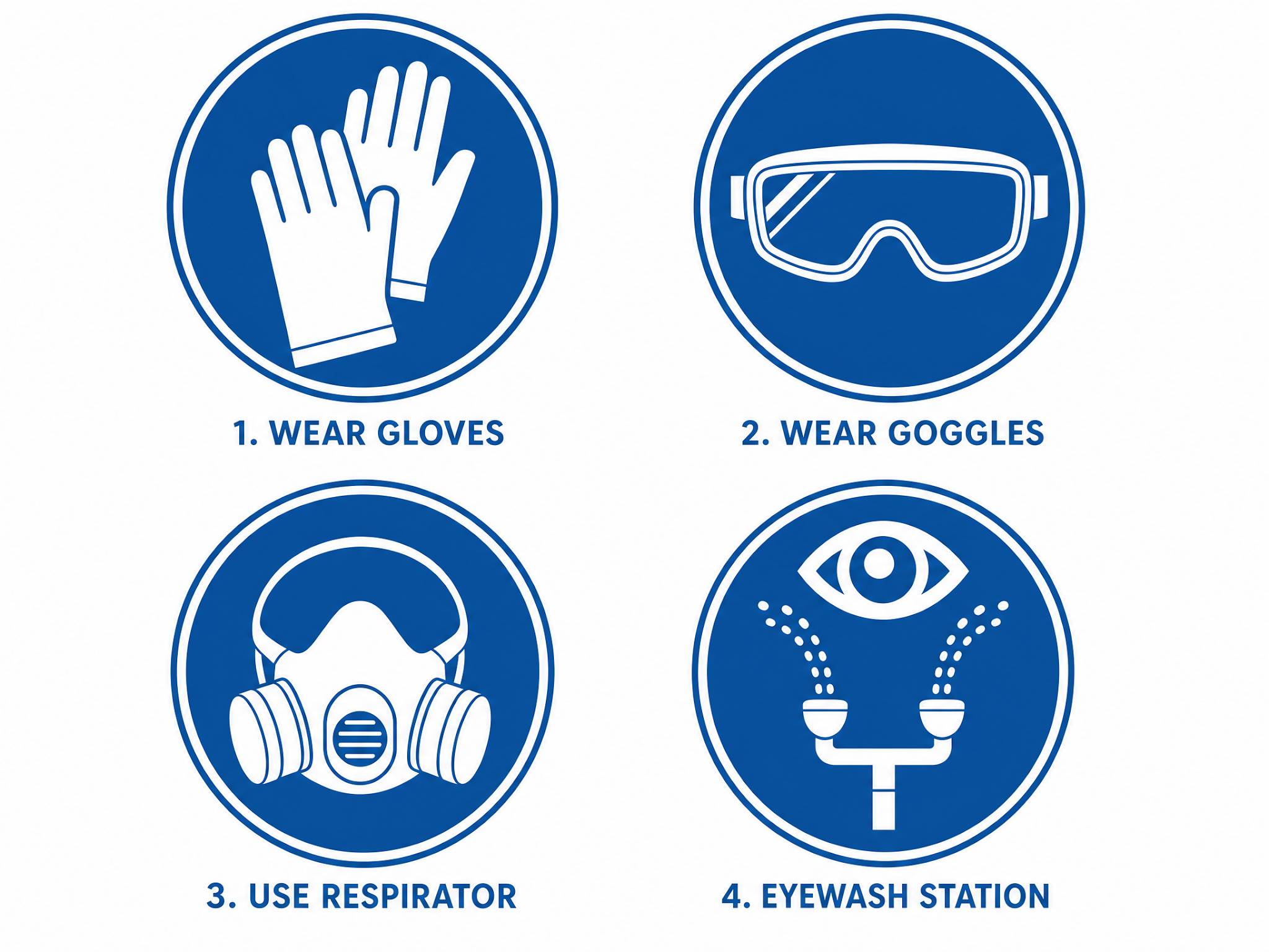 Infographic with icons for wearing gloves, goggles, respirator, and using an eyewash station.