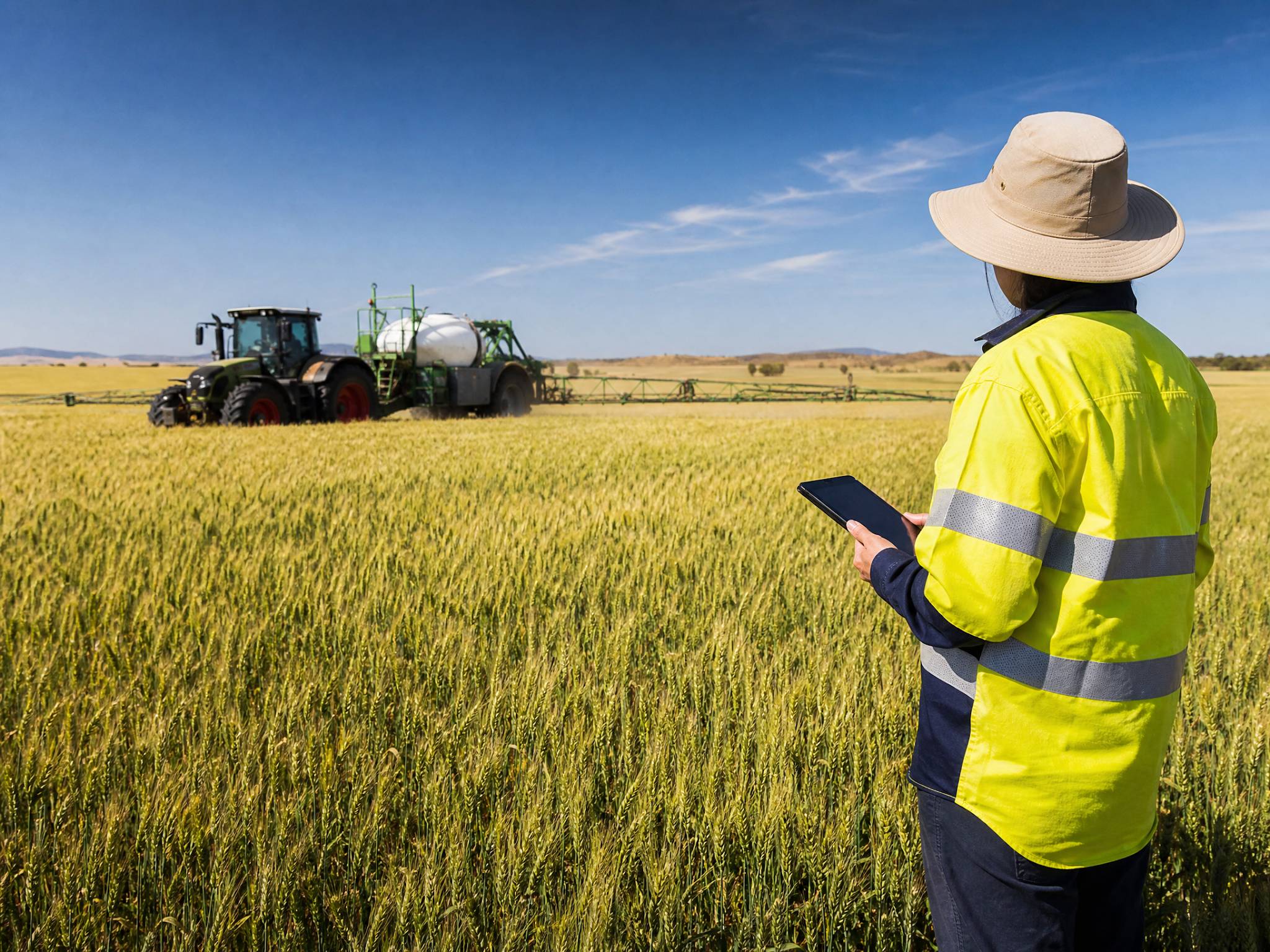 A vast Australian wheat field with a modern tractor applying liquid fertilizer. A faceless agricultural scientist in high-visibility gear holding a tablet, inspecting the crop. Sunny day, outback aesthetic.